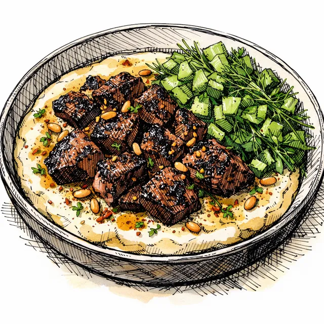 High-Heat Charred Lamb Siniyah with Bubbling Lemon-Tahini & Emerald Dill Salad