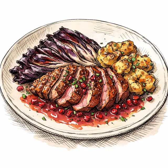 Pan-Seared Duck Breast with Pomegranate–Shallot Beurre Blanc + Charred Radicchio & Crispy Smashed Potatoes