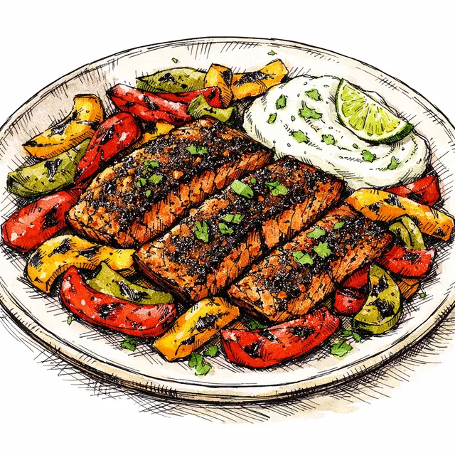 Sheet-Pan Blackened Salmon with Charred Bell Peppers & Cool Lime Crema