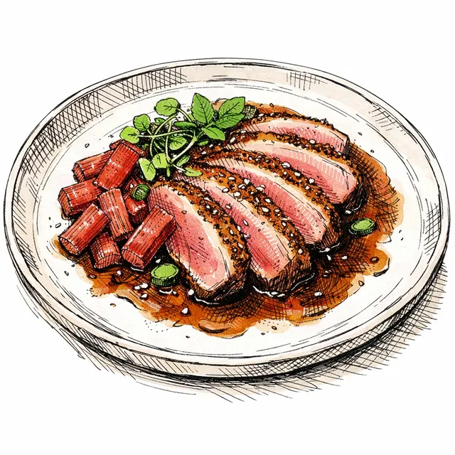 Shio Koji Cured Duck Breast with Smoky Rhubarb-Mezcal Tare
