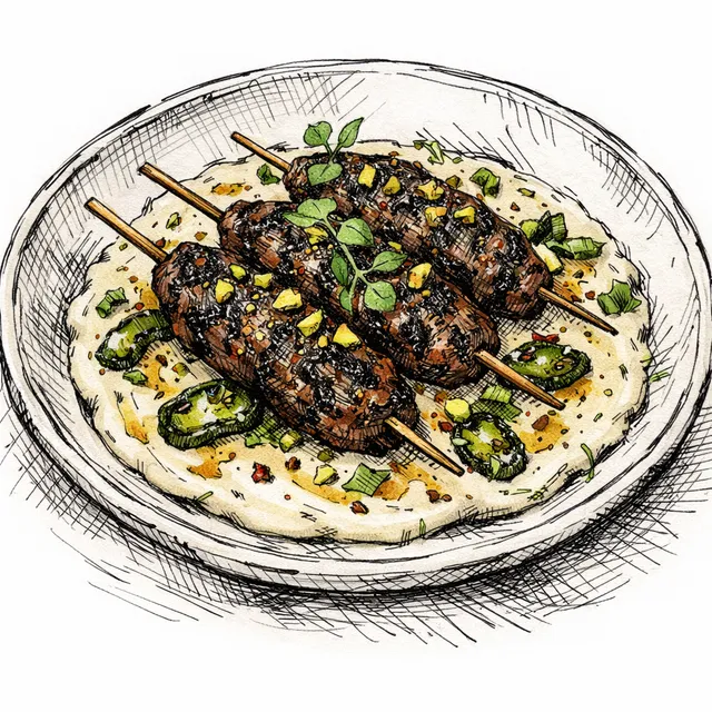 Charcoal-Scorched Pistachio Lamb Kofta over Blistered Jalapeño Tahini