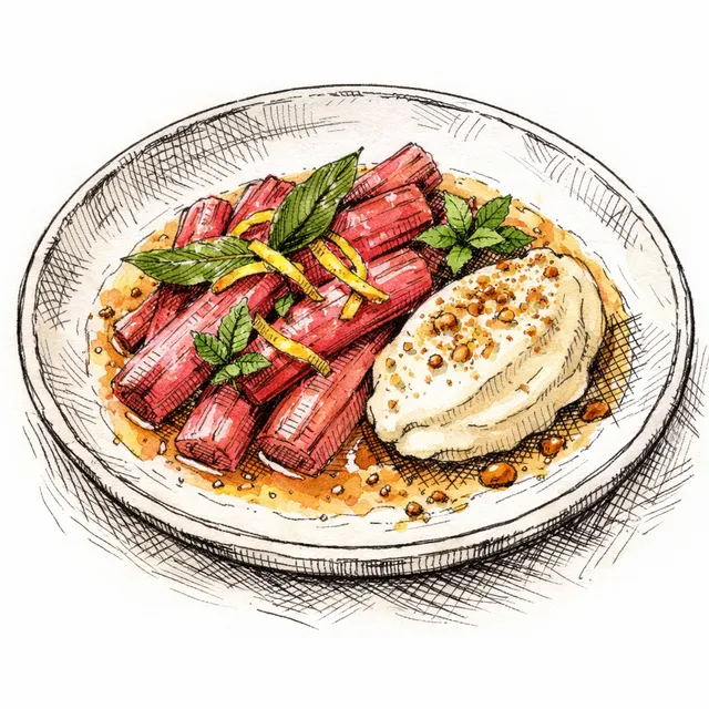 Lemon-Bay Poached Rhubarb with Cold Brown Butter Mascarpone