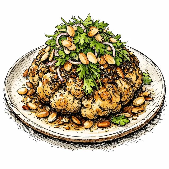 High-Heat Za'atar Whole Cauliflower with Sizzling Almond Crunch & Cascading Herb Salad