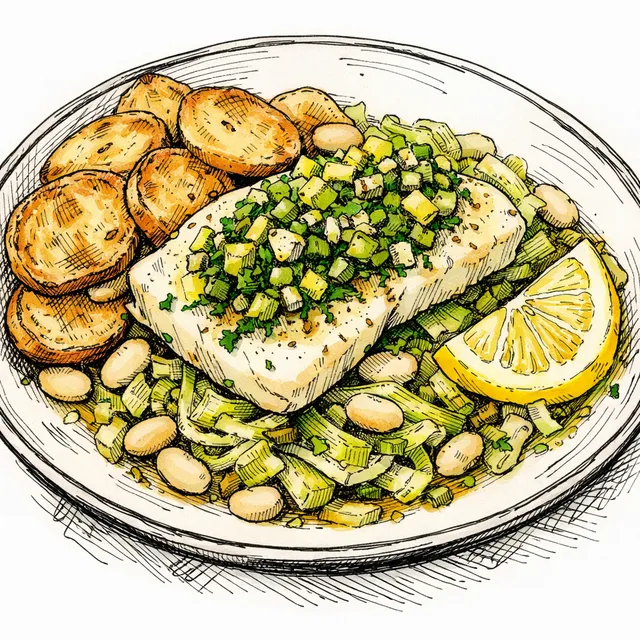 One-Pan Cod & Jammy Leeks with White Beans, Crispy Potatoes + Lemon-Parsley Caper Salsa