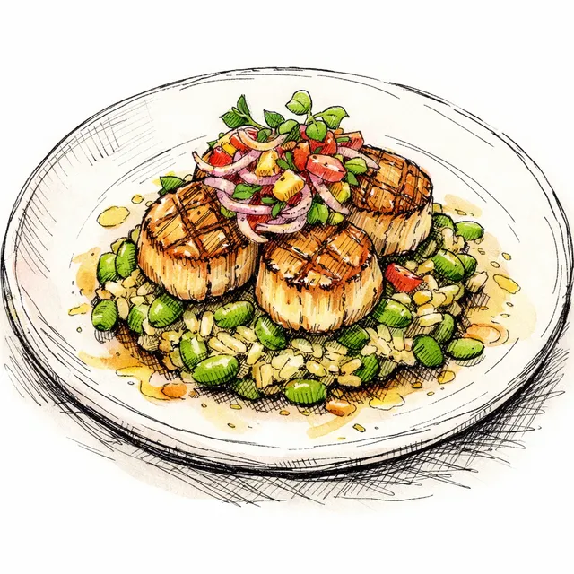 Flash-Seared Jumbo Scallops over Edamame 'Tacu Tacu' with Yuzu Kosho Salsa Criolla