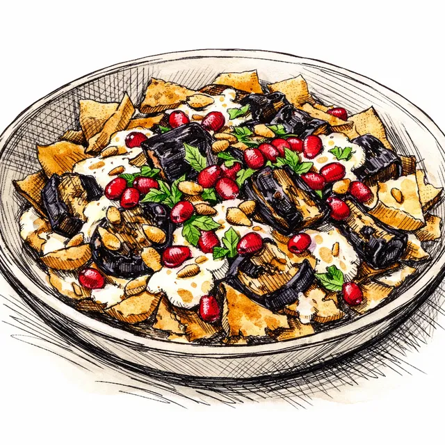 Fire-Scorched Eggplant & Pomegranate Fatteh