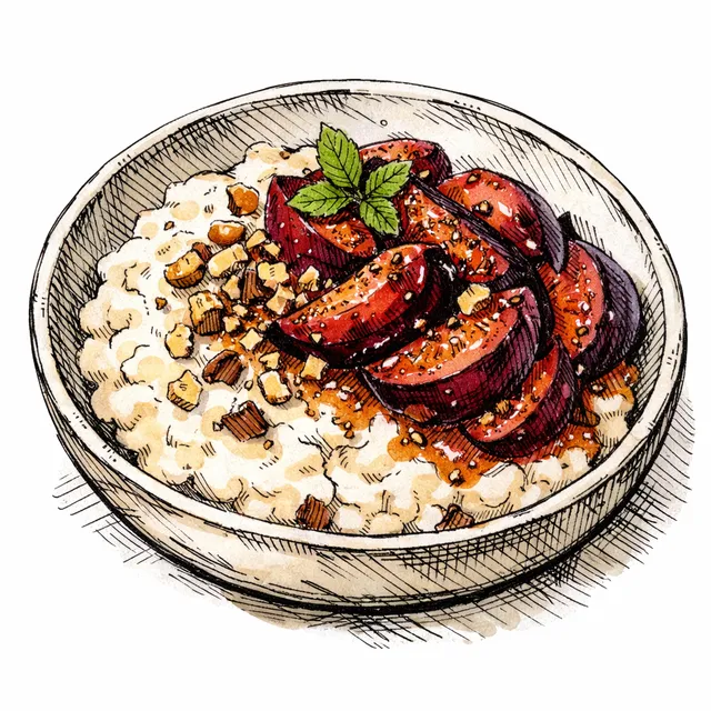 Cold-Infused Roasted Chestnut Riz au Lait with Tart Spiced Plums