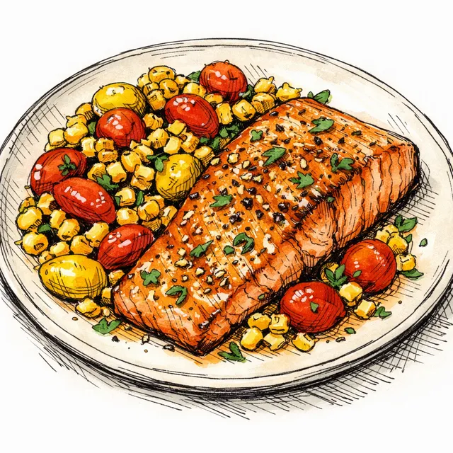 Sheet-Pan Honey Dijon Salmon with Blistered Summer Corn & Burst Tomatoes