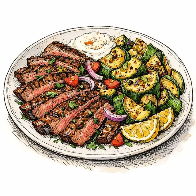 Sheet-Pan Broiled Shawarma Flank Steak & Blistered Zucchini