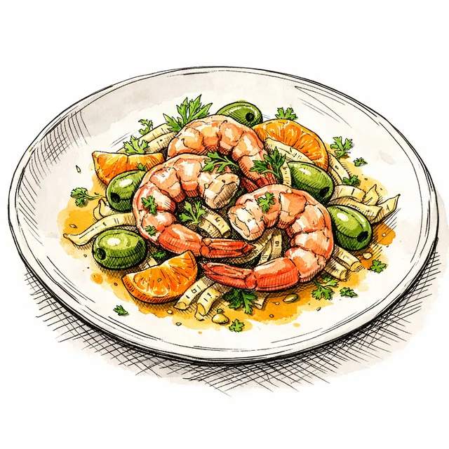 Poached Shrimp “Vin Blanc” with Warm Clementine–Fennel Vinaigrette, Castelvetrano Olives & Celery-Leaf Confetti