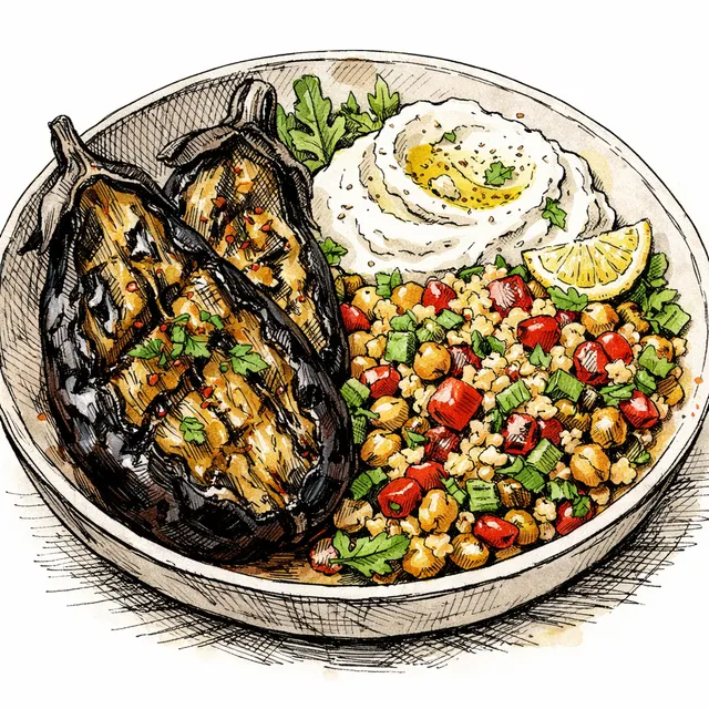 Fire-Scorched Eggplant & Jeweled Bulgur Bowl with Whipped Feta