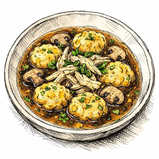 Slow-Simmered Heritage Chicken & Sweet Corn Dumplings in Smoked-Mushroom Broth