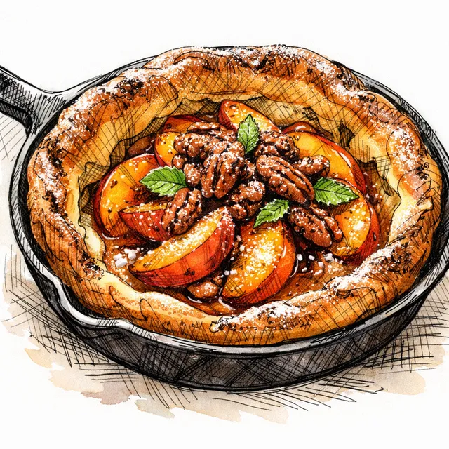 Cast-Iron Bourbon-Sorghum Peach Dutch Baby with Spiced Pecans