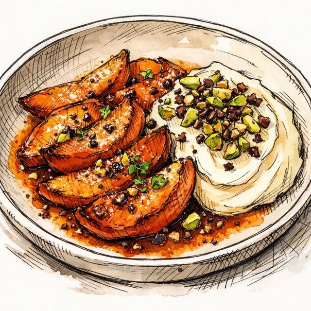 Roasted Quince Masala with Cold Brown-Butter Yogurt Whip & Pistachio–Cocoa Nib Crunch