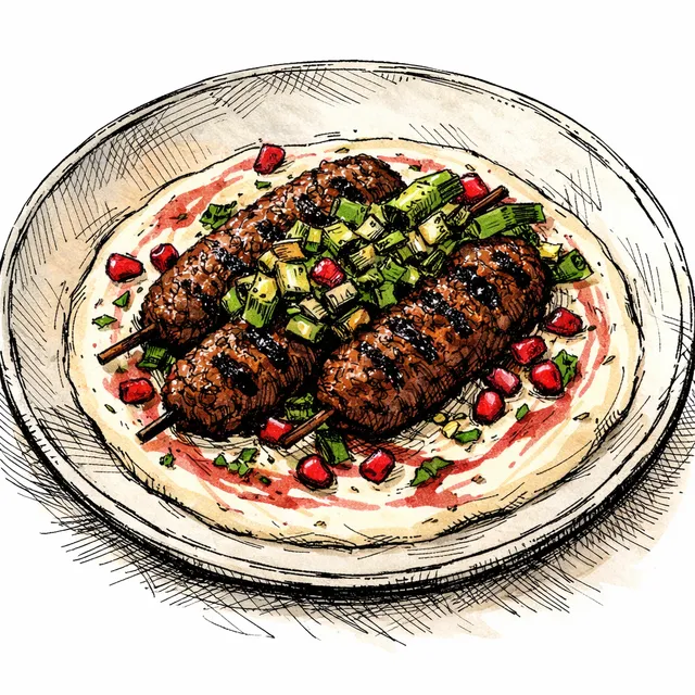 Fire-Grilled Urfa-Spiced Lamb Kofta with Charred Scallion Relish over Velvet Pomegranate Tahini