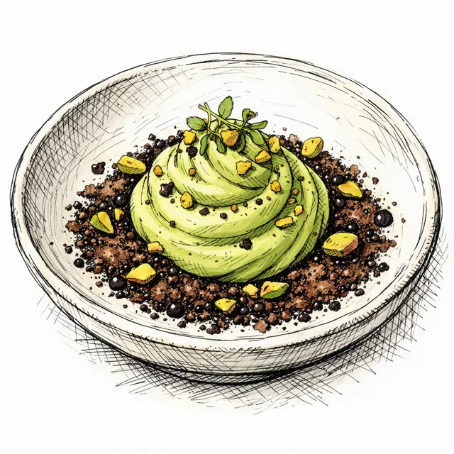 Cold-Whipped Pistachio Ganache with Espresso-Cocoa Sand