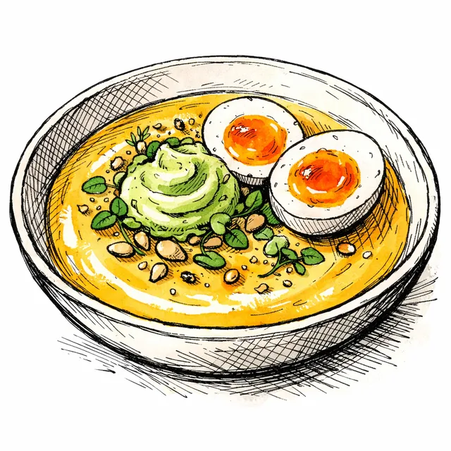 Chilled Golden Squash Velouté with Avocado Crema & Jammy Eggs