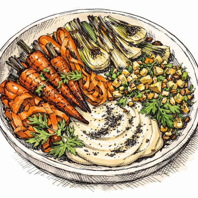 Three-Way Carrot Shawarma Salad with Charred Leeks, Fennel–Herb Crunch, and Black Lime Tahini