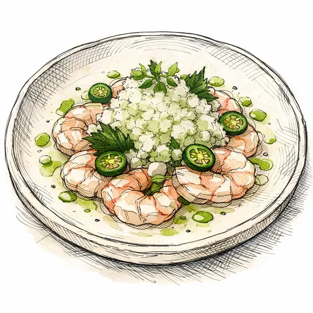 Razor-Clean Shrimp “Ikejime” Crudo with Shio-Koji–Lime Cure, Cucumber–Nashi Snow, and Jalapeño–Shiso Ice Oil
