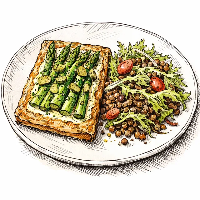 Asparagus–Raclette Rough-Puff Slab Tart (Cornichon Crème + Warm Lentil Frisée Salad)