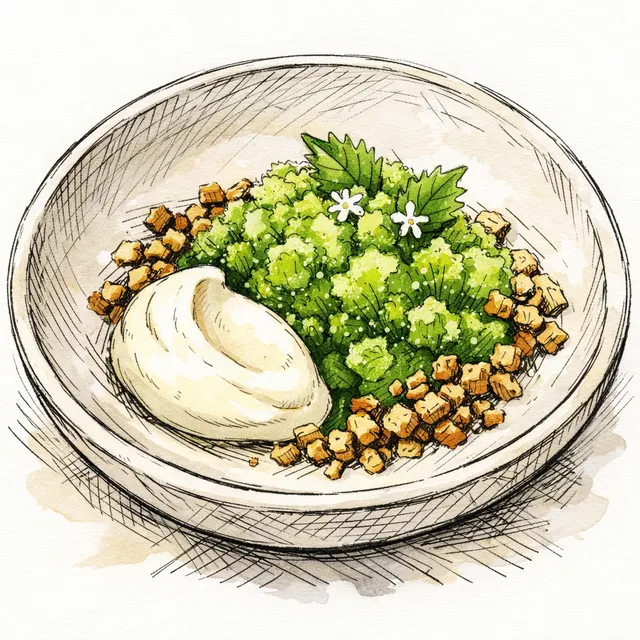 Cold-Infused Green Shiso Granita with White Chocolate Namelaka & Buckwheat Crunch