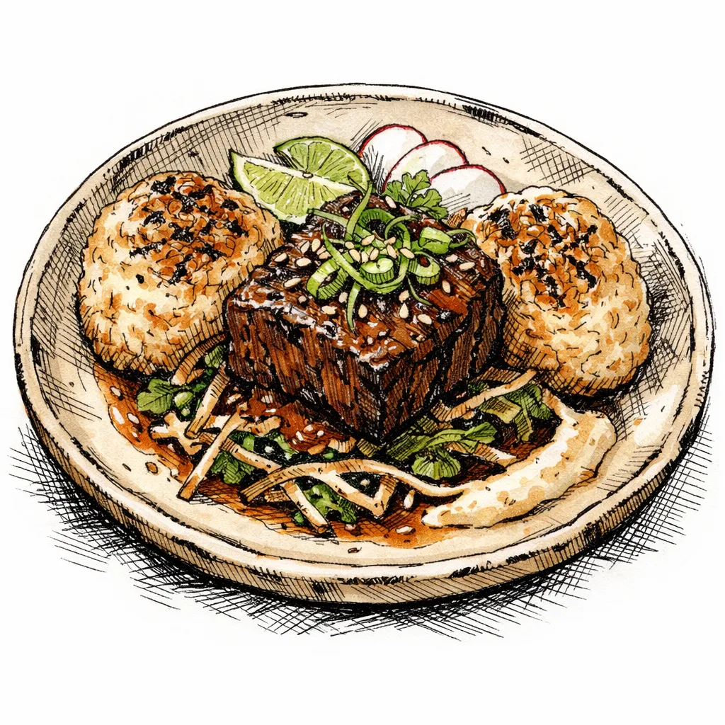 Guajillo &amp; Black Garlic Braised Short Rib Yaki-Onigiri by Kenji Nakamura | inspochef | inspochef