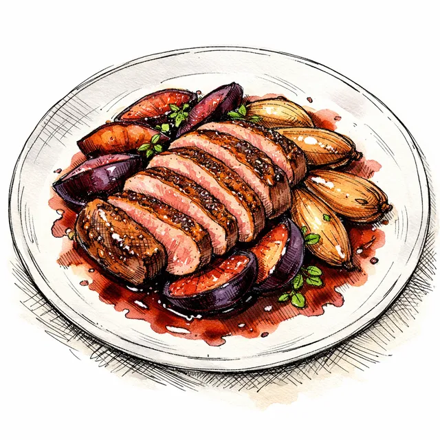 Pan-Roasted Duck Breast with Late-Harvest Plums, Shallots & Pinot Noir Pan Jus