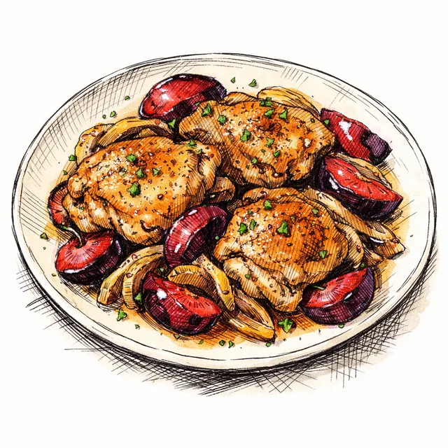 Pan-Roasted Chicken Thighs with Melted Shallots & Santa Rosa Plums