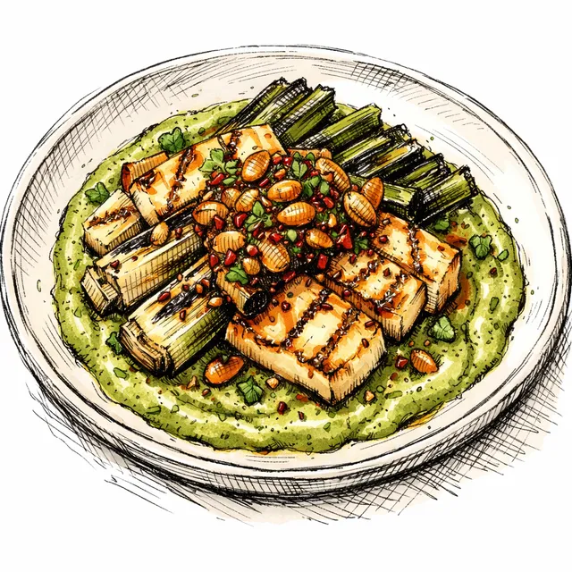 Fire-Roasted Halloumi & Charred Leeks with Sizzling Marcona Almond Shatta
