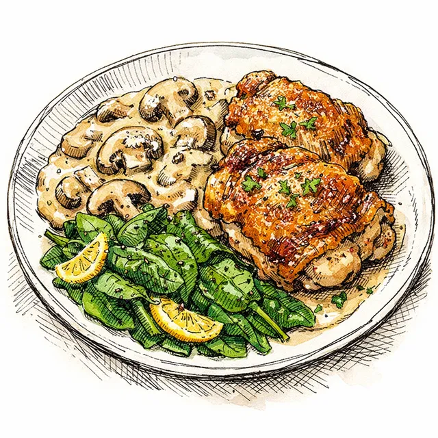 Friday-Night Crispy-Skin Chicken Thighs with Creamy Dijon–Mushroom Pan Sauce + Lemon-Pepper Spinach