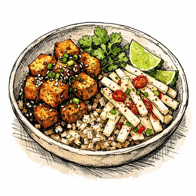 The Oaxaca-to-Osaka Miso-Ancho Crispy Tofu & Quick-Pickled Chili-Lime Jicama Desk Escape