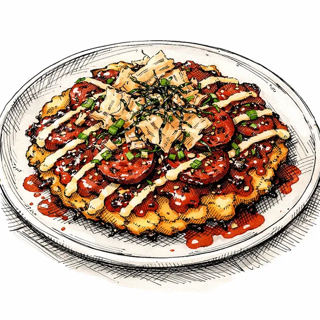 Crispy Masa Okonomiyaki with Chorizo & Umeboshi-Chamoy