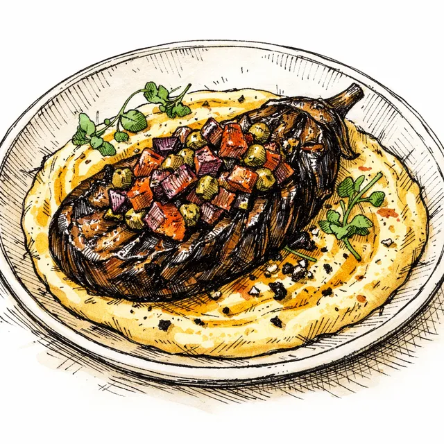 Open-Fire Scorched Eggplant with Charred Fig-Caper Relish over Saffron Tahini