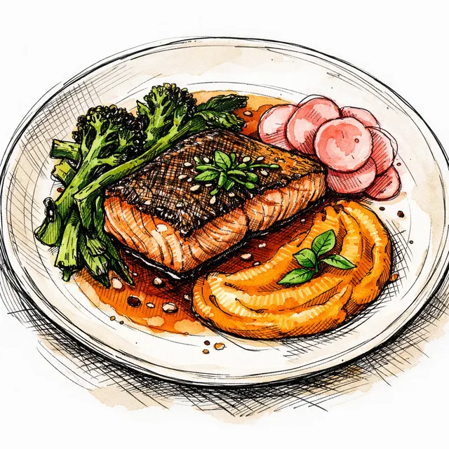 Crispy Skin Salmon with Blood Orange Ponzu, Charred Broccoli Raab, and Sweet Potato–Miso Purée (with Quick Pickled Radish)