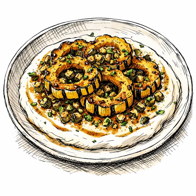 High-Heat Delicata Squash Rings with Warm Baharat Brown-Butter Oil, Whipped Labneh–Tahini, and Crispy Caper–Pistachio Crumbs