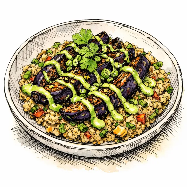 Wok-Blistered Japanese Eggplant with Kewpie Aji Verde & Quinoa Chaufa