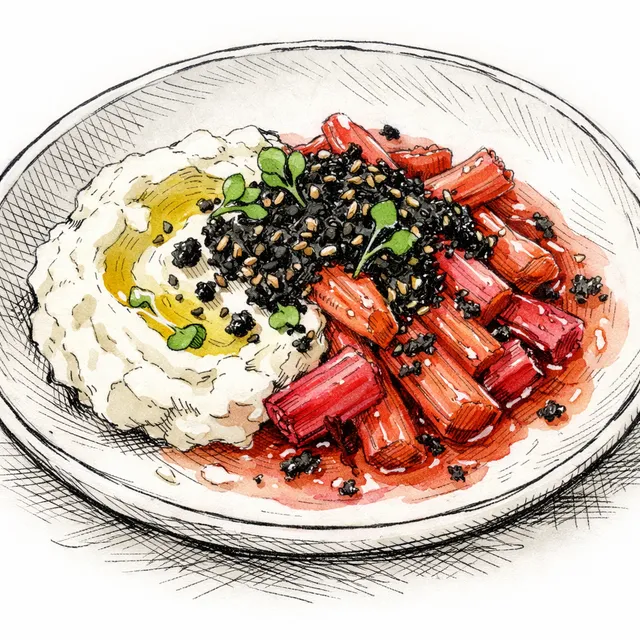 Hot-Macerated Rhubarb with Cold Olive Oil Ricotta & Black Sesame Crumble