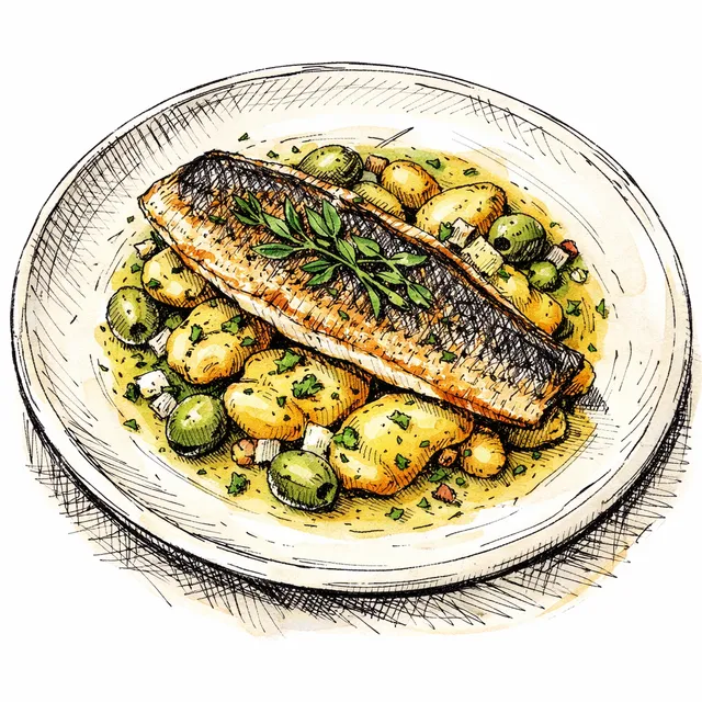 The CityLife Pergola: Crisp Pan-Roasted Branzino with Crushed Fingerlings and Castelvetrano-Vermouth Butter