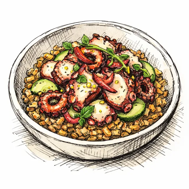 Ume-Yuzu Quick-Cured Seared Octopus Bowl with Toasted Freekeh