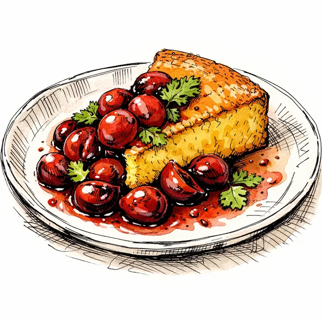 Warm Cornmeal & Olive Oil Cake with Cold Coriander Cherries