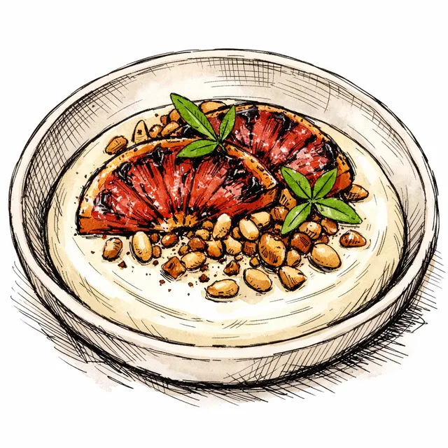 Cold-Infused Lemon Verbena Cream with Charred Grapefruit & Salted Pine Nut Crunch