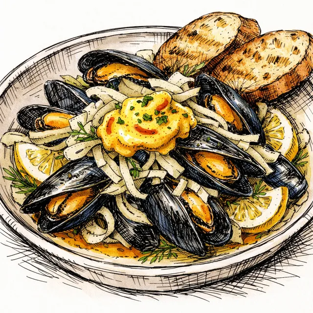 Gentle Vermouth-Poached Mussels with Shaved Fennel & Meyer Lemon-Saffron Rouille