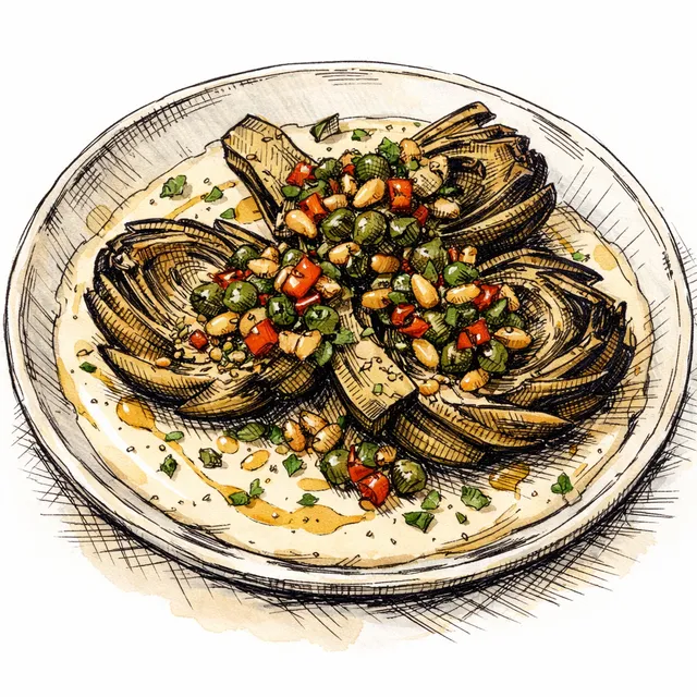 Fire-Charred Globe Artichokes with Sizzling Caper-Pine Nut Shatta over Velvet Preserved Lemon Tahini