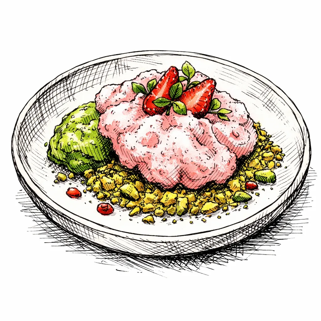 Aerated Strawberry Cloud with Raw Matcha &amp; Pistachio Sand by Theo Glass | inspochef | inspochef