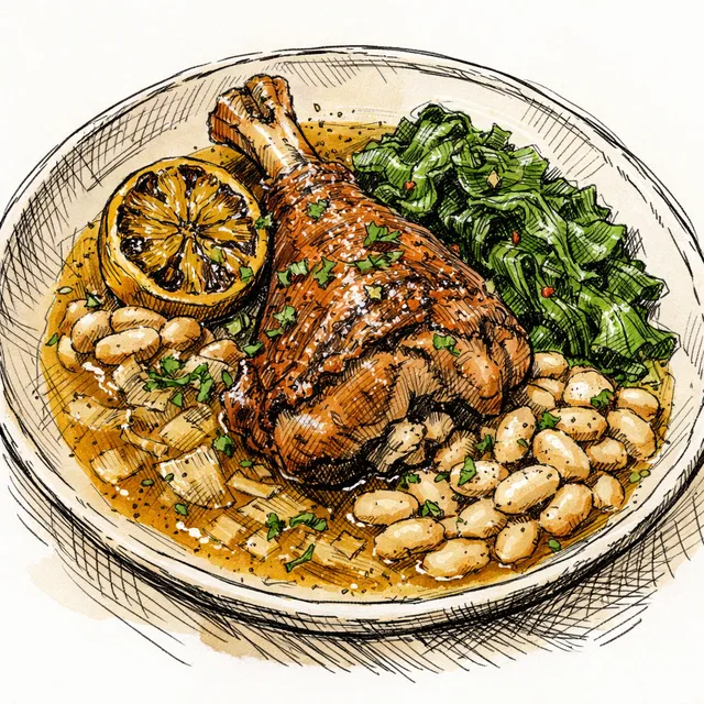Weeknight Turkey Leg Braise in Sweet-Onion Potlikker with Charred Lemon, White Beans & Pepper-Vinegar Greens