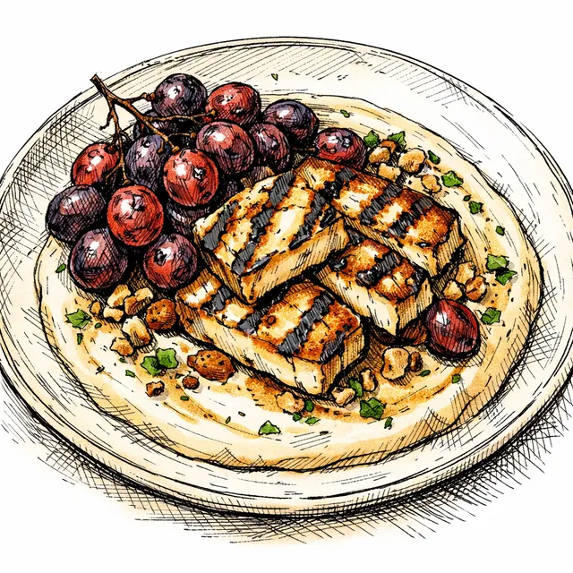 Fire-Blistered Aleppo Grapes & Charred Halloumi over Velvet Walnut Tahini