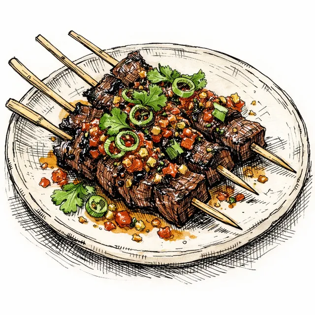 Binchotan-Charred Short Rib Skewers with Yuzu Kosho Salsa Macha