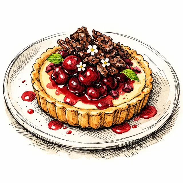 Cold-Infused Elderflower Custard Tart with Tart Cherry Compote & Cocoa Nib Crackle