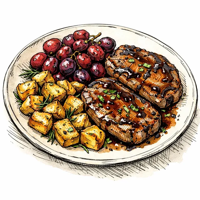Sheet-Pan Balsamic Pork Chops with Roasted Grapes & Crispy Rosemary Potatoes