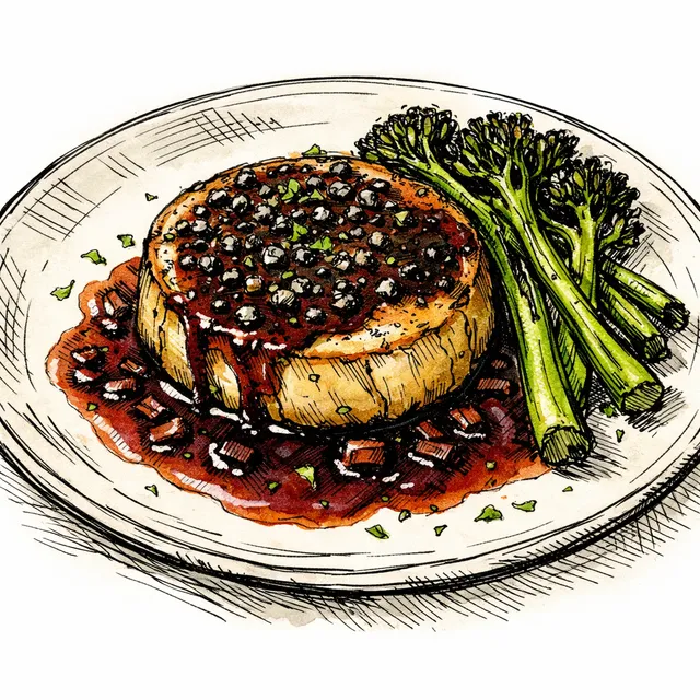 Celery Root “Steak” au Poivre with Date–Red Wine Jus & Charred Broccolini